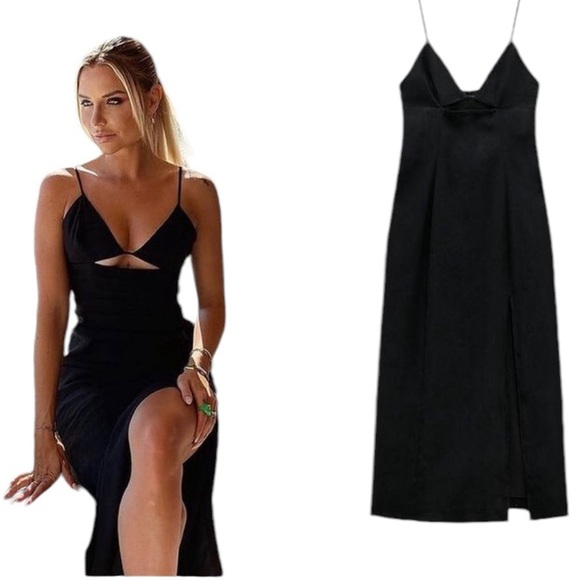 ZARA BLACK LINEN BLEND DRESS WITH CUT OUT V NECK THIN STRAP - Picture 1 of 7